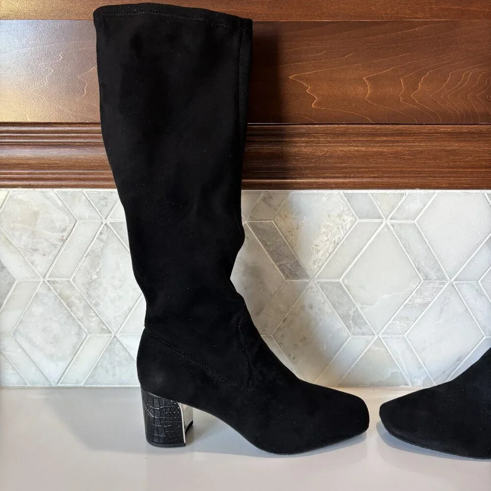 Donald Pilner Size 9M Knee High Black Fabric Boot Croc Block Heel Cassidy Square
